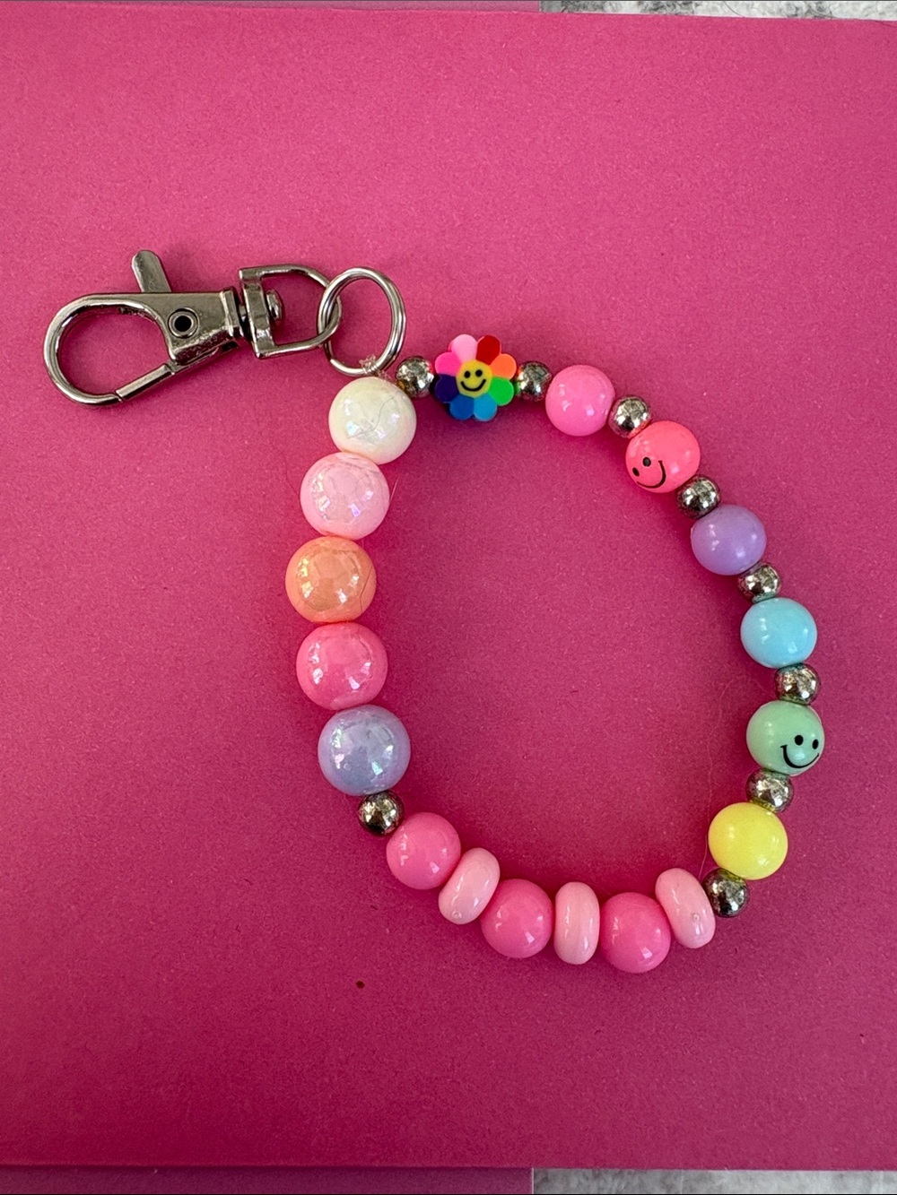 Beaded Smile Keychain Bracelet - Pink Multicolor